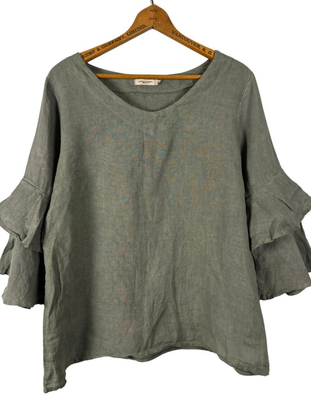 Lungo L'Arno Italy Linen Ruffle Sleeve Top Muted Green Medium, Vacation